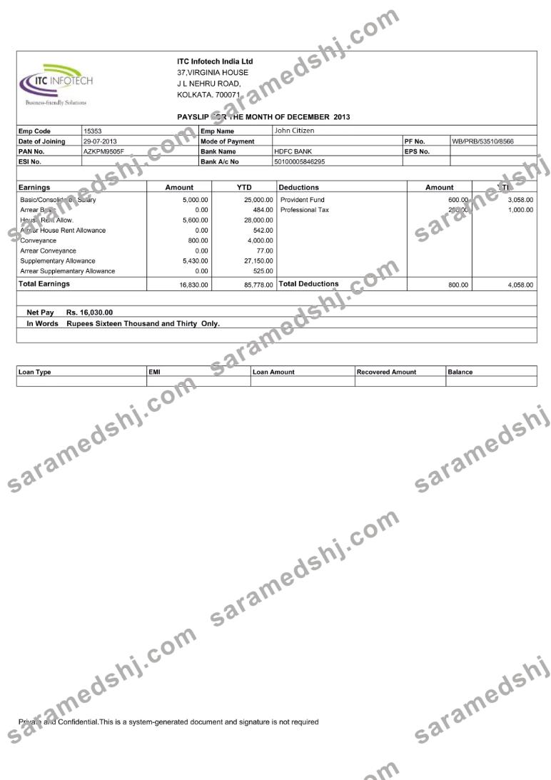 INDIA ITC Infotech India LTD payslip in Word and PDF formats